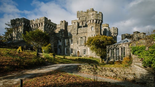 The castle lit by dramatic autumn light with autumn trees in front of it and autumn leaves on the ground